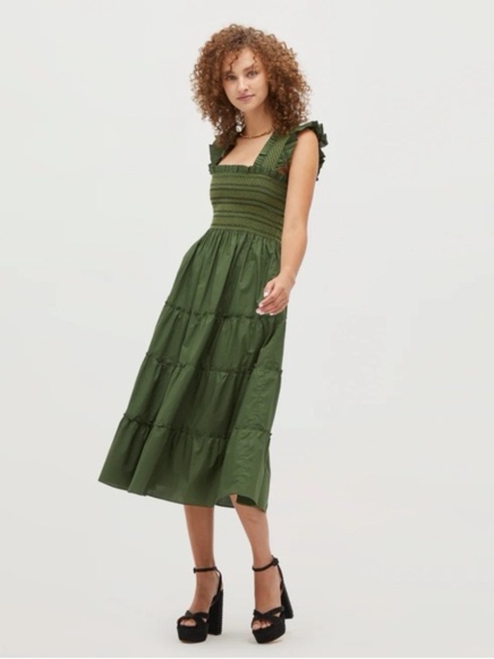 Hill House Olive Green Smocked Midi Dress with Ruffle Straps - Picture 2 of 4